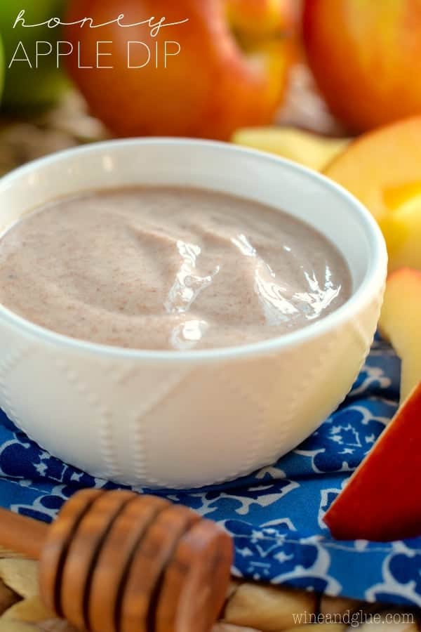 small white bowl full of smooth brown dip with cut up apples around it