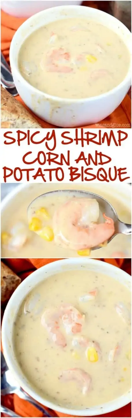 An overhead photo of the Spicy Shrimp Corn and Potato Bisque which has a yellow cream color with specks of pink and yellow form the shirmp and corn. 