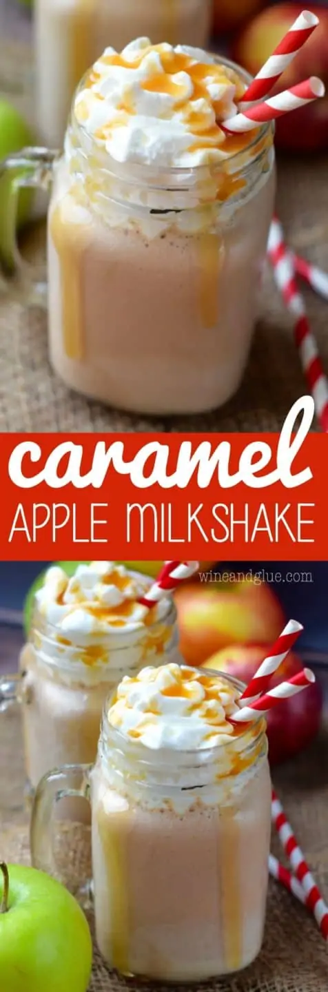 In two glass mason jars, the Caramel Apple Milkshakes are topped with whipped cream and dripping with caramel.