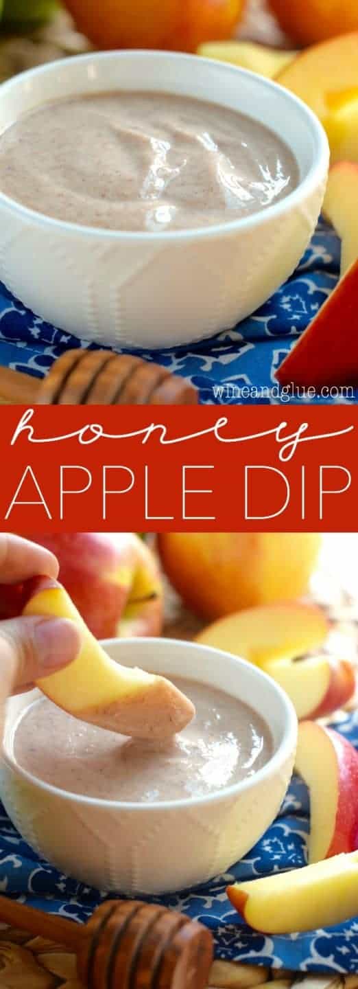 Two pictures: one above shows a small serving bowl holding the smooth brown dip with apples surrounding the bowl and the bottom shows an apple slice being dipped into the serving bowl