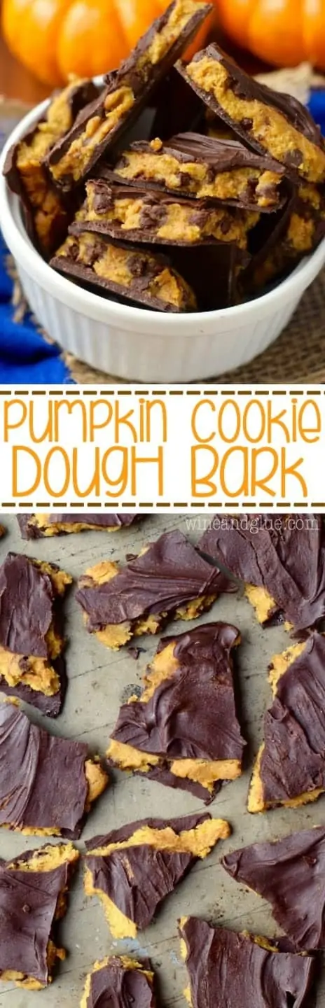 An overhead photo of the Pumpkin Cookie Bark in a ceramic bowl showing that the pumpkin cookie dough is wedged between two layers of chocolate. 