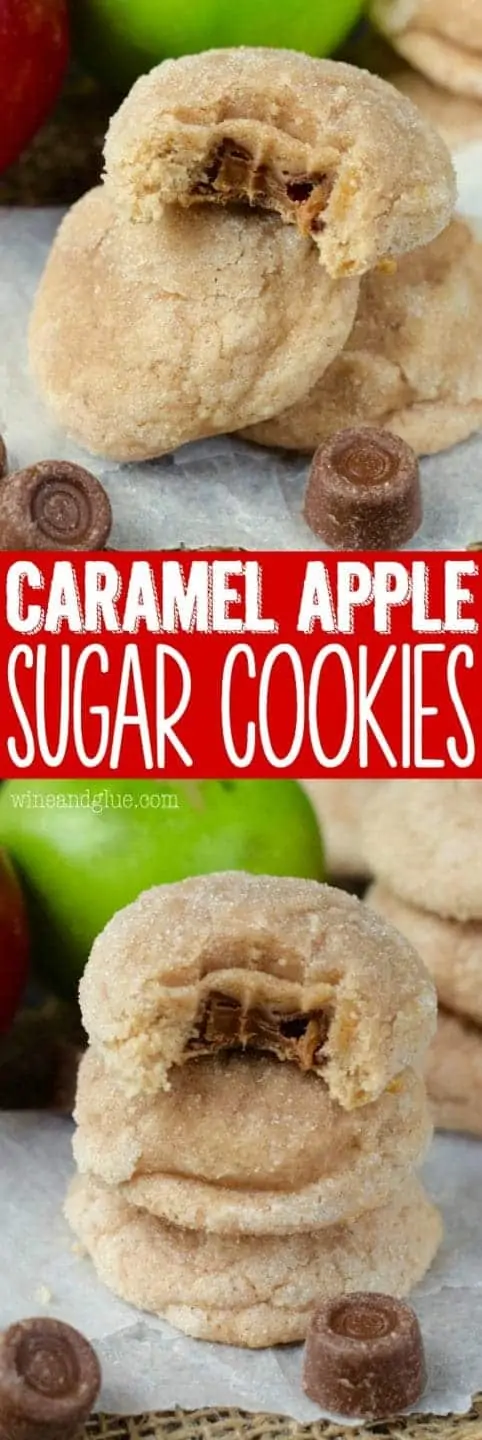 The Caramel Apple Sugar Cookies are stacked on top of each other. The top most cookie has a bite showing the gooey caramel interior. 