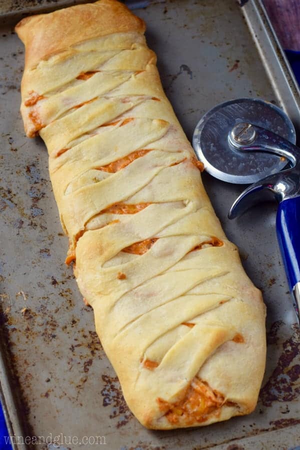 View of Chicken Enchilada Crescent Braid with a golden brown crust from above.