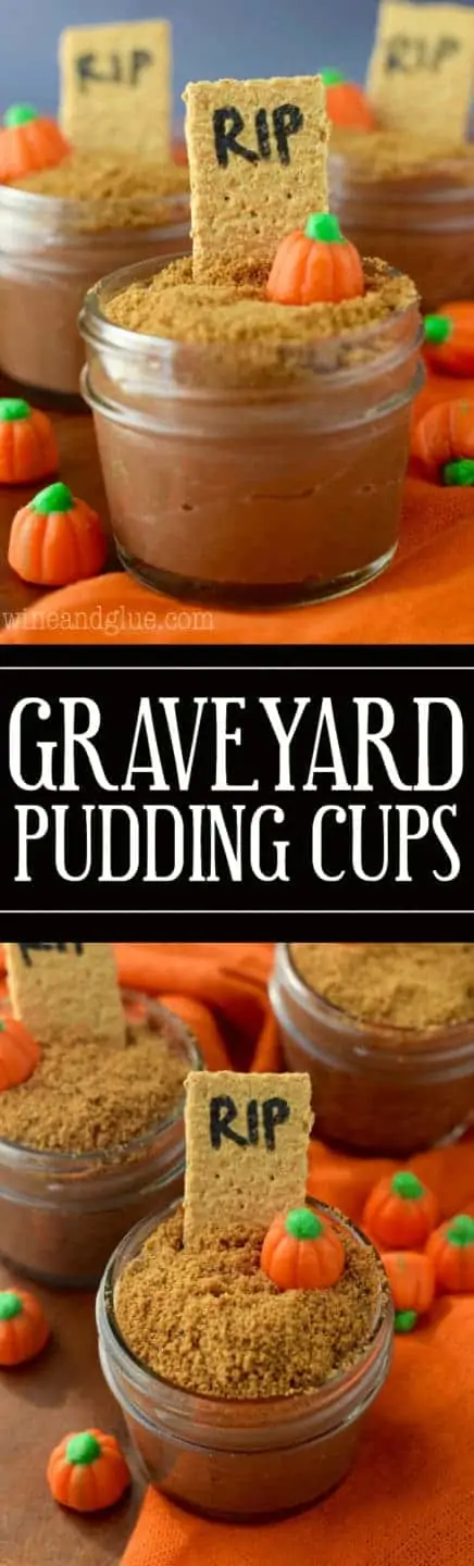 In a small mason jar, the Pumpkin spice Chocolate Pudding is topped with crushed graham cracker, a pumpkin candy, and a stick of a graham cracker with the letter RIP. 