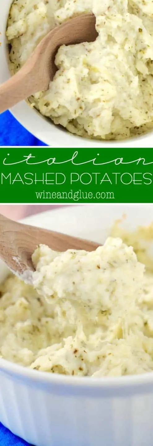 The Italian Mashed Potatoes has a fluffy and creamy texture with speckles of green from the spices. 