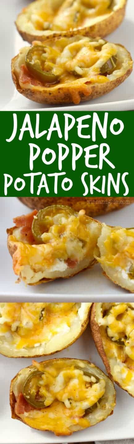 The Jalapeno Popper Potato Skins is cut in half showing the cream cheese filling, jalapenos, bacon, and a sheet of melted cheese. 