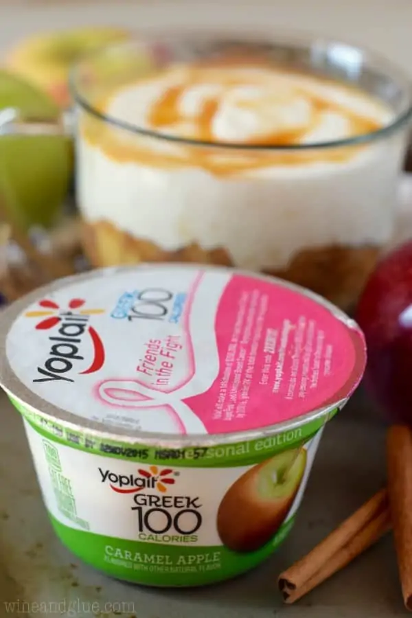 A picture of the Yoplait Greek 100 calories Caramel Apple infront of the Lightened Up Apple Cider Dip. 