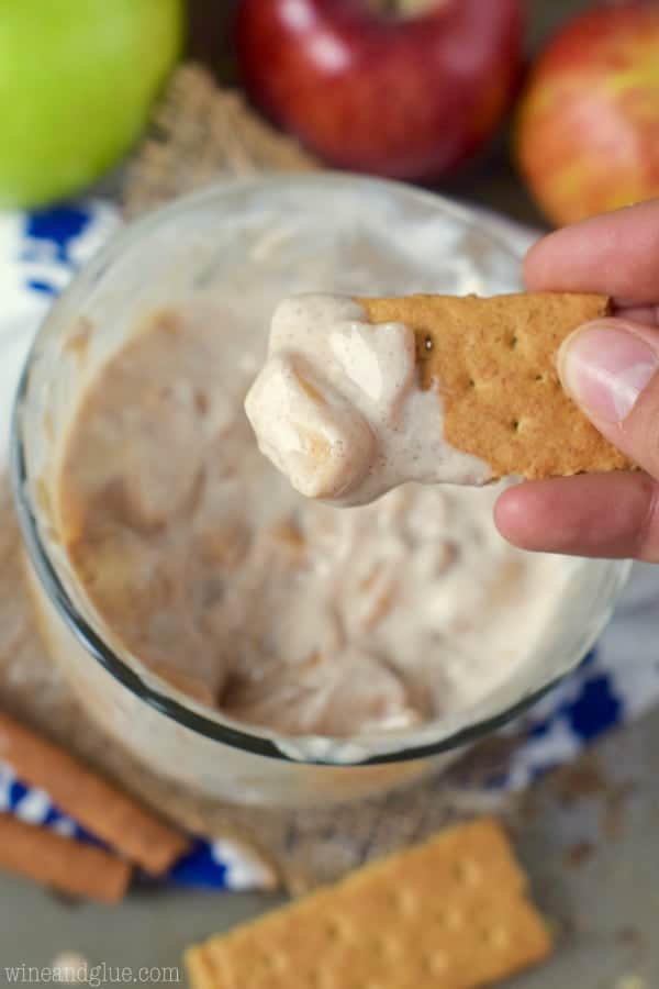 In a glass bowl, the Lightened Up Apple Cider Dip is mixed up with chunks of apple and eaten with graham crackers. 