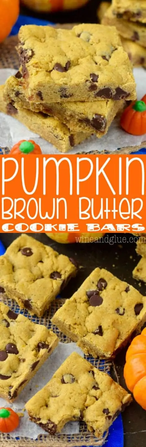 In a stack of three, the Pumpkin Brown Butter Cookie Bars have a light golden brown hue with chocolate chips oozing out. 