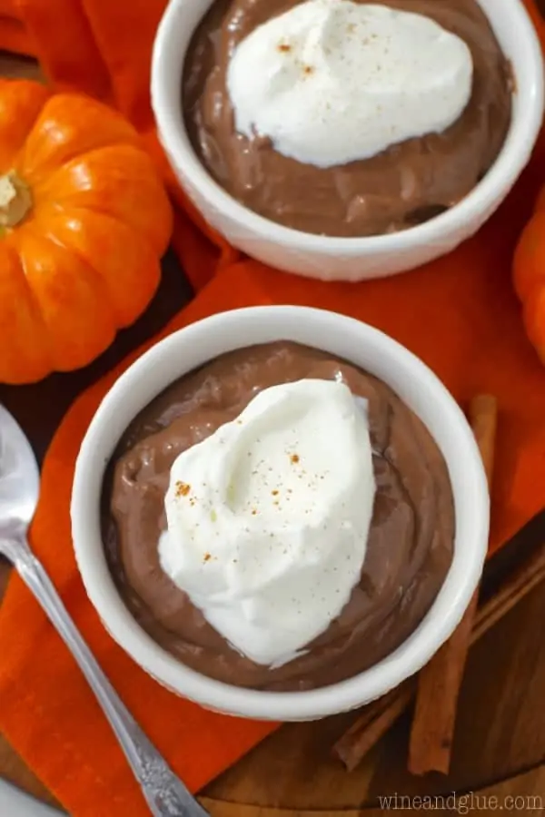 An overhead photo of two bowls filled with Pumpkin Spice Chocolate Pudding topped with a dollop of whipped cream and cinnamon. 