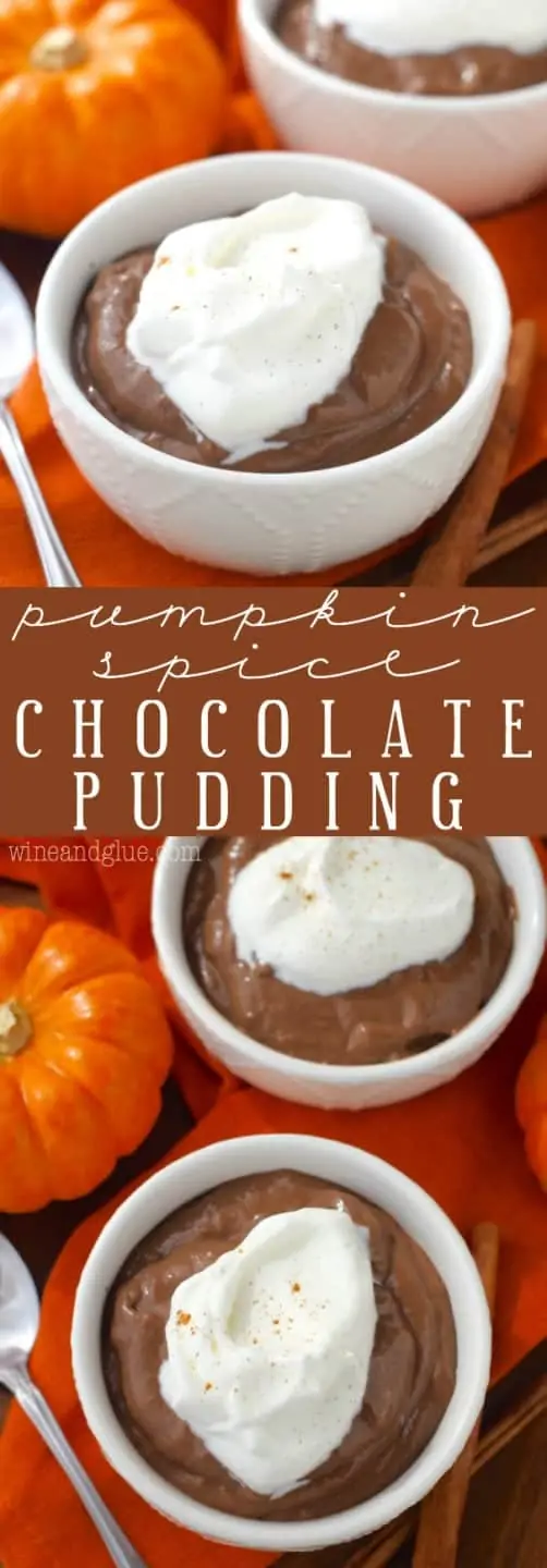 In a small white bowl, the Pumpkin Spice Chocolate Pudding has a dollop of whipped cream. 