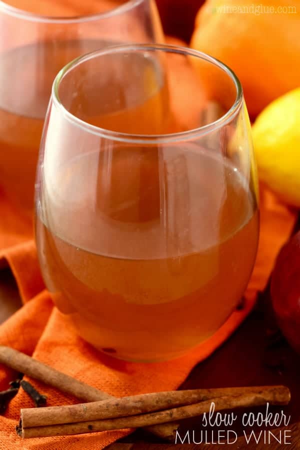 In a glass, the Slow Cooker Mulled Wine has a cinnamon brown color. 