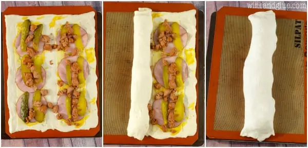 A collage on how to create the Cuban Stromboli. The pizza dough is on the bottom with mustard, Swiss cheese, ham, pickles, and Italian sausage. Then, that is all rolled up. 