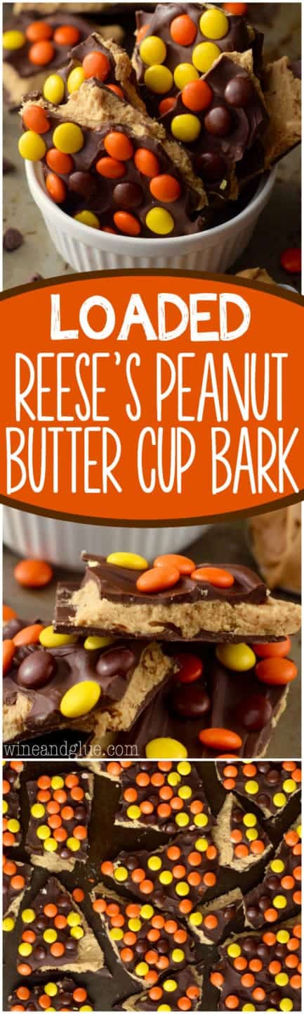 In a ceramic bowl, the Loaded Reese's Peanut Butter Cup Bark are cut in little shards and topped with chocolate and Reese's Pieces.