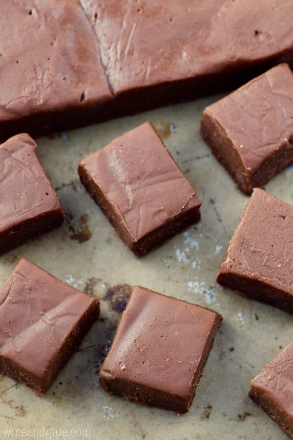 An overhead photo of the Nutella Fudge that is cut into little cubes. 