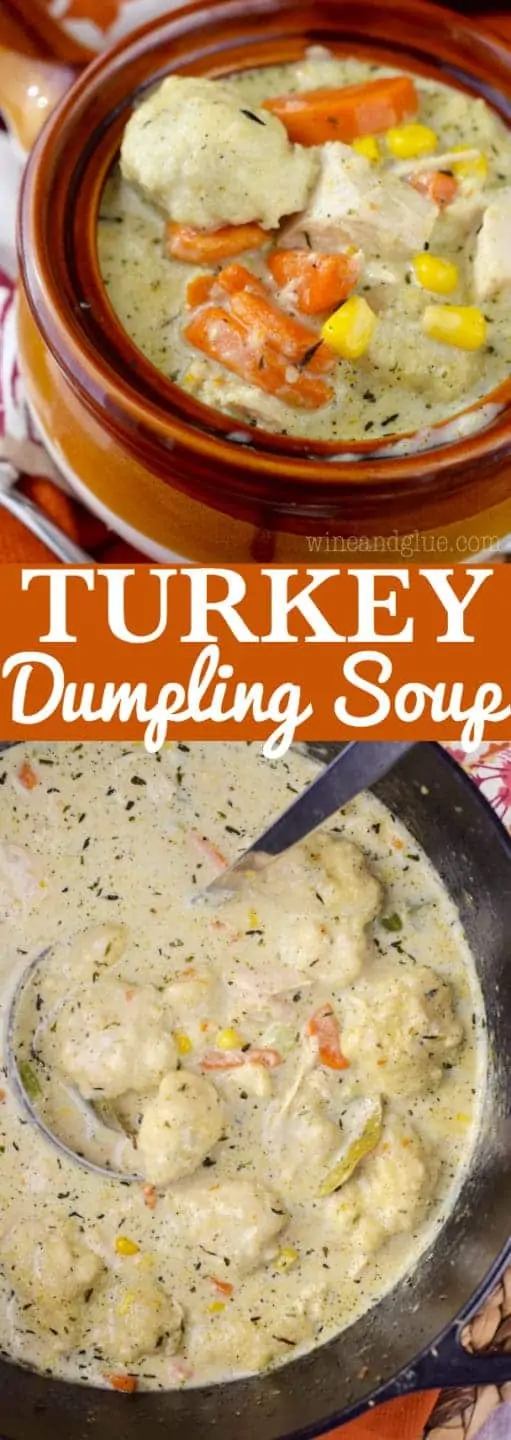 In a brown ceramic bowl, the Turkey Dumpling Soup has chunks of turkey, balls of dumpling, slices of carrots, and corn in a creamy broth. 