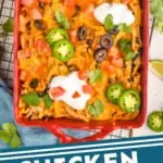 pinterest graphic of overhead of a taco casserole in a baking dish garnished with taco toppings