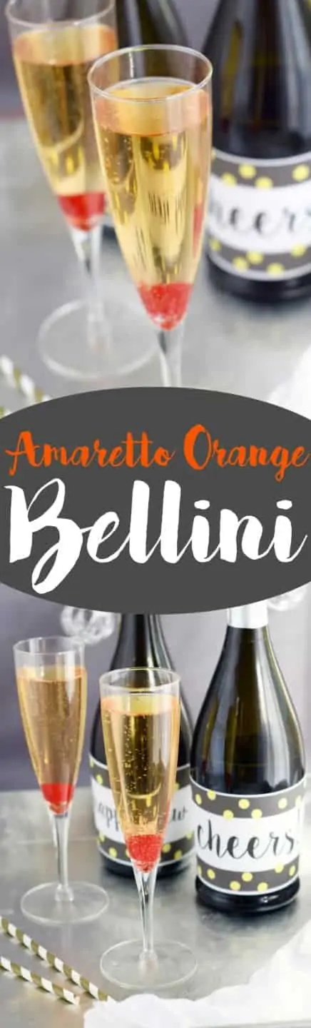 In a champagne fluke, the Amaretto Orange Bellini has a single maraschino cherry at the bottom and bubbling. 