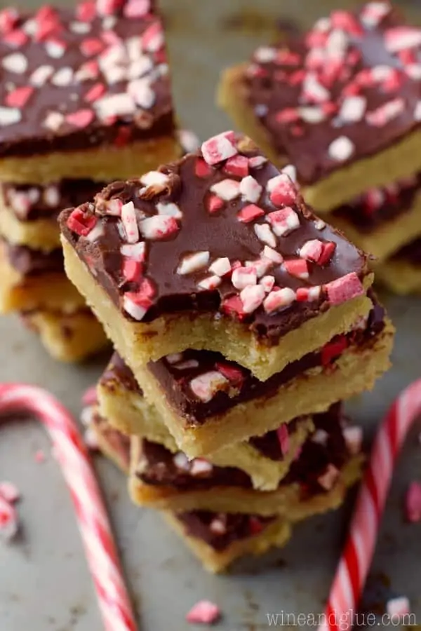 An overhead photo of the Chocolate Peppermint Sugar Cookie Bar Stacks showing the crushed peppermint on top of the chocolate layer. 