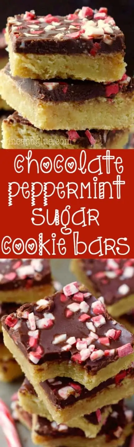 The the Chocolate Peppermint Sugar Cookie Bars is stalked high showing the distinct layers of the sugar cookie and chocolate and topped with crushed peppermint