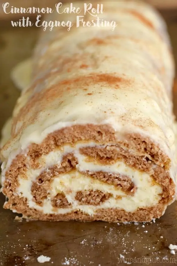 The Cinnamon Cake Roll has a airy cake layer rolled up with a buttercream frosting and covered in a glaze with powdered cinnamon. 
