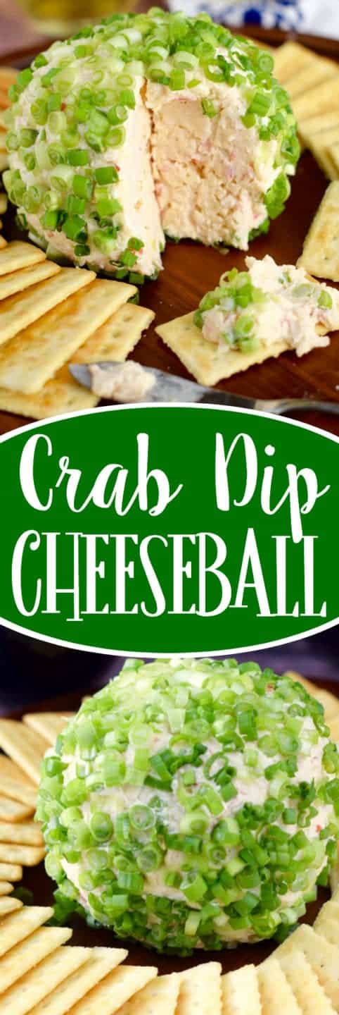 The Crab Dip Cheeseball has scallions covering the outside and surrounded by club crackers. 