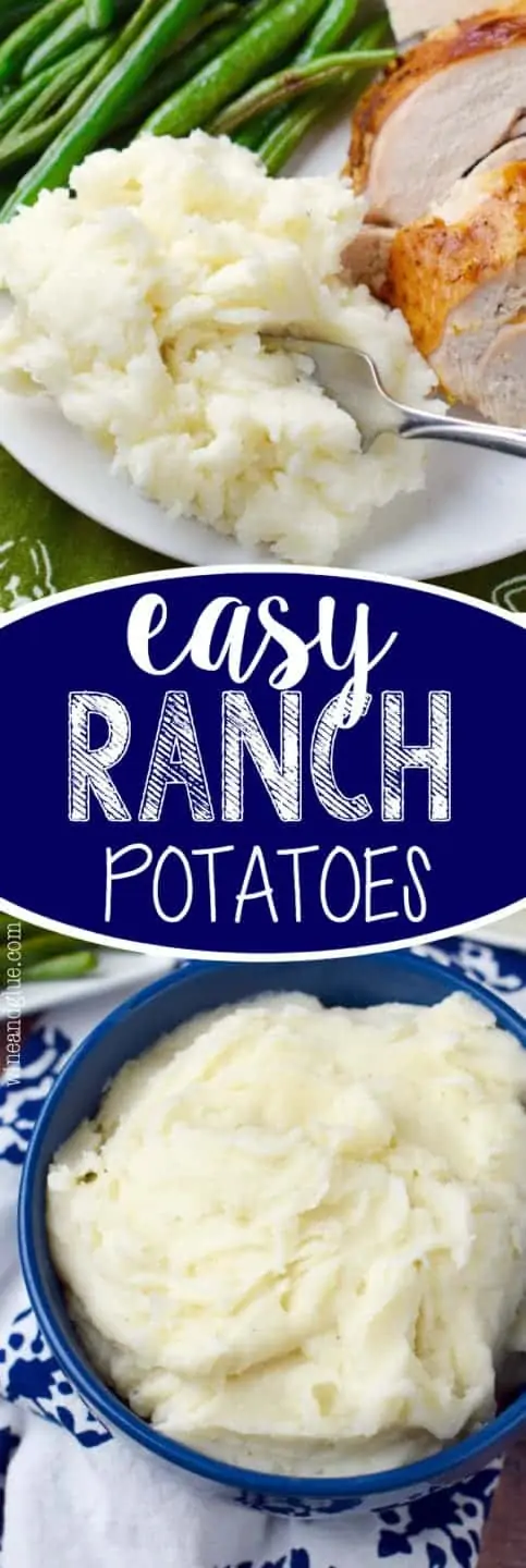On a white plate, the Easy Ranch Potatoes is a side for roasted green beans and sliced chicken. 