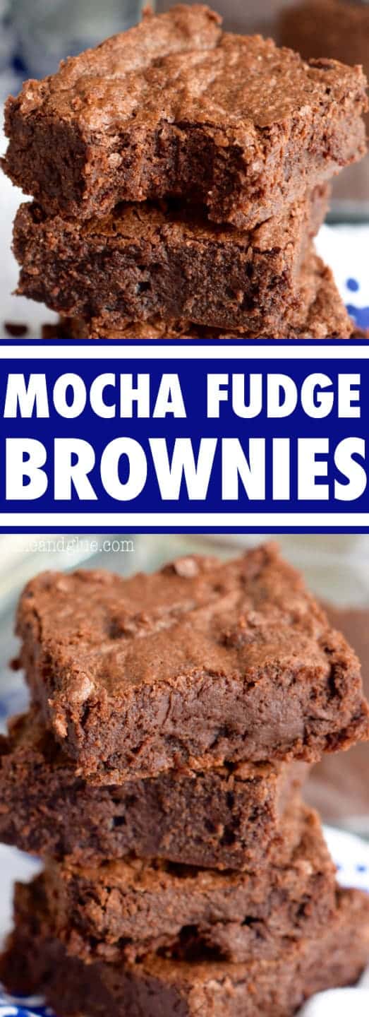 The Mocha Fudge Brownie is stacked showing the moist fudge middle and crisp top. 