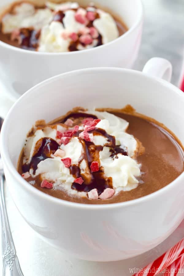 In big white mugs, the Peppermint Hot Chocolate is topped with whipped cream, crushed peppermint, and drizzled with chocolate syrup. 
