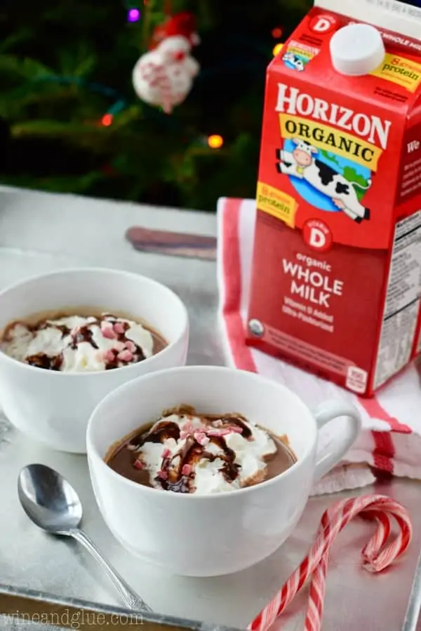 Two white mugs filled with the Peppermint Hot Chocolate in front of Horizon Organic Whole Milk. 