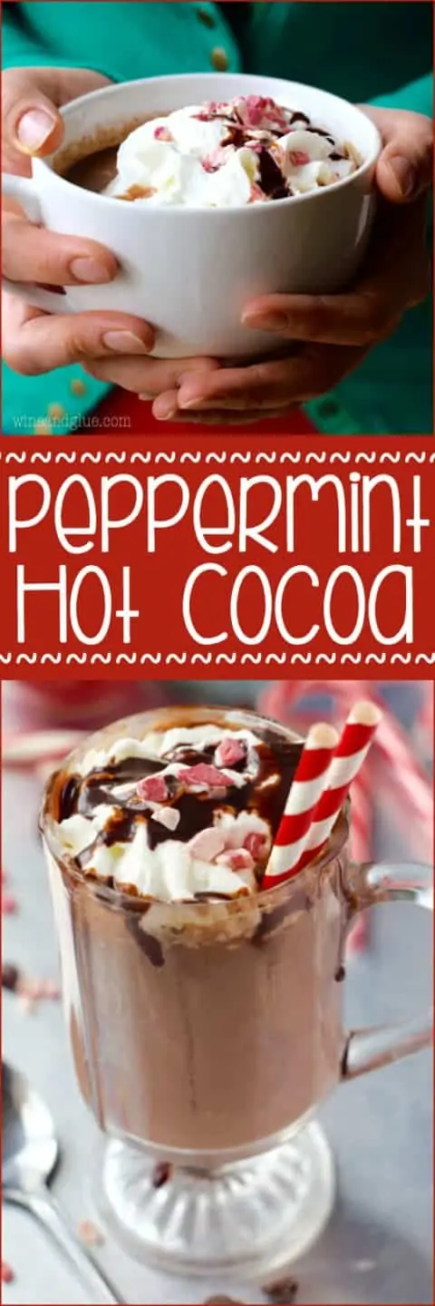 In a glass mug, the Peppermint Hot Chocolate is topped with whipped cream, crushed peppermint, and chocolate syrup with two paper straws.