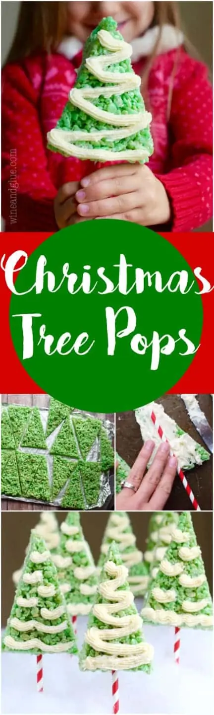 A little girl is holding the Rice Krispie Treat Christmas Tree which is green and triangular with white frosting in a zig zag pattern. 