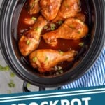 Pinterest graphic for crockpot chicken drumsticks recipe. Image is overhead photo of crockpot chicken drumsticks recipe in a slow cooker. Text says, "Crockpot chicken drumsticks simplejoy.com."