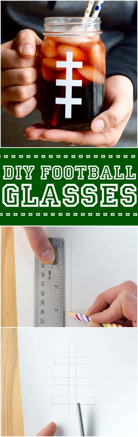 A woman holding the Super Bowl Slammers in a mason jar with one vertical line and three horizontal lines making the glass look like a football. 