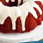 pinterest graphic of a red velvet bundt cake on a cake stand