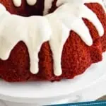 pinterest graphic of a red velvet bundt cake on a cake stand