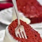 pinterest graphic of a piece of red velvet bundt cake on it's side with a fork sticking out