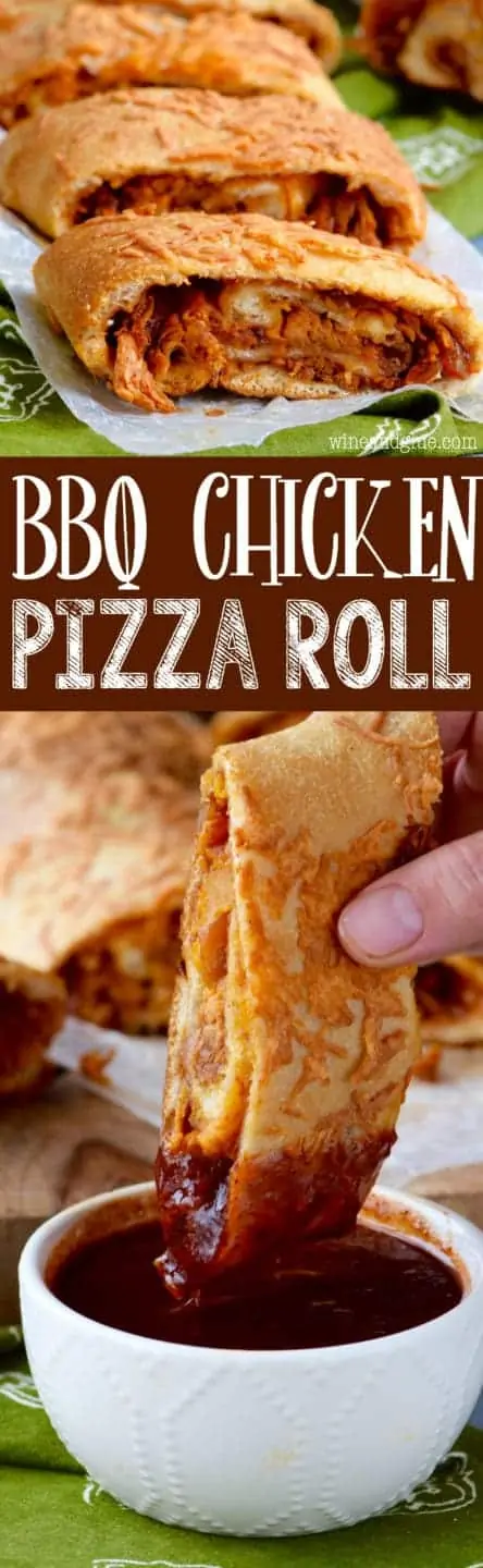 The BBQ Chicken Pizza Roll is cut into slices and has a golden brown crust with shreds of BBQ chicken inside. 