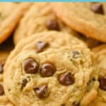 side view of a pile of peanut butter chocolate chip cookies