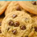 side view of a pile of peanut butter chocolate chip cookies