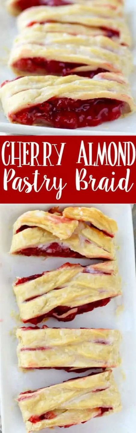 The Cherry Almond Braid has a flaky golden pie crust with a gooey cherry middle that is oozing out. 