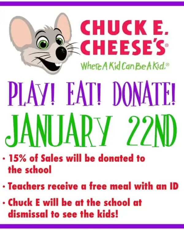 A pamphlet for a fundraising event with Chuck E. Cheese. 