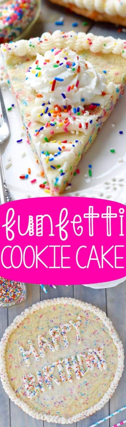 An overhead photo of the Funfetti Cookie Cake with white frosting on the side and the words of Happy Birthday in the middle topped with rainbow sprinkles. 