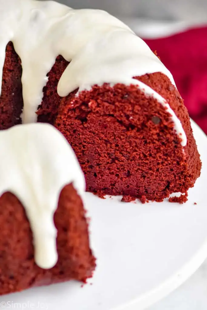 close up of a cut red velvet bundt cake