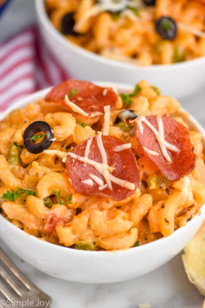 pizza Mac and cheese recipe in a small white bowl