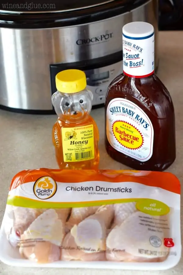 A photo of the ingredients of the Honey BBQ Chicken Drumsticks (Chicken Drumsticks, BBQ, and honey). 