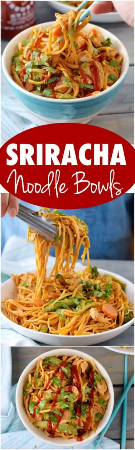 In a blue bowl, the Sriracha Noodle Bowls have chicken, carrots, broccoli, and water chestnuts.