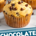 pinterest graphic of chocolate chip muffin with it's wrapper on, and more behind it, says: chocolate chip muffins simplejoy.com - 1