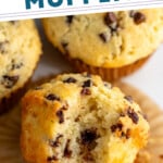overhead view of a chocolate chip muffin with a bite missing on it's side, says: the best chocolate chip muffins simplejoy.com - 3