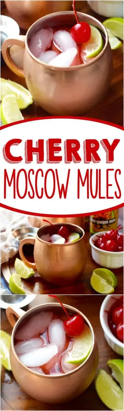 In copper mugs, the Cherry Moscow Mules has cubed ice, red tint, a maraschino cherry, and a sliced lime. 